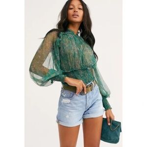 FREE PEOPLE Printed Twyla Smocked Top Green S